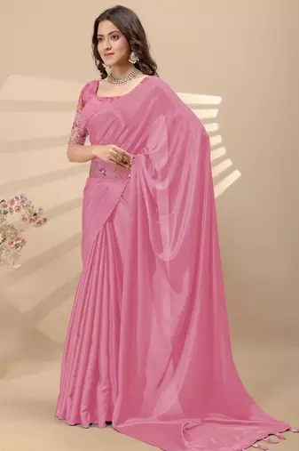 Pink chinon silk saree with embrodery work blouse and waist belt