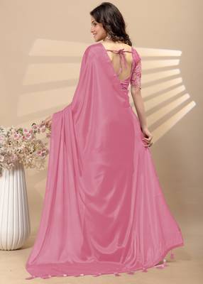 Pink chinon silk saree with embrodery work blouse and waist belt 4