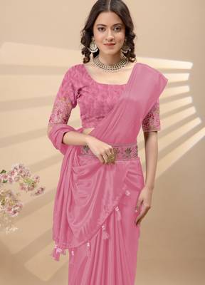 Pink chinon silk saree with embrodery work blouse and waist belt 5