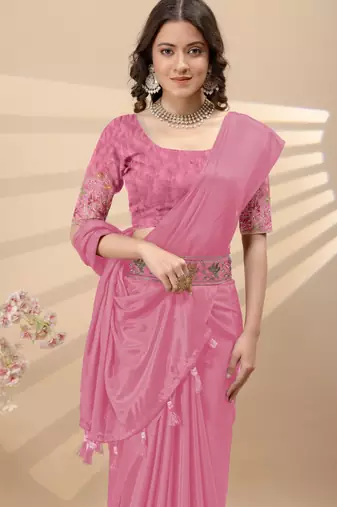 Pink chinon silk saree with embrodery work blouse and waist belt