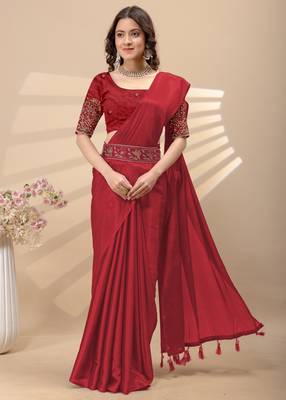 Red chinon silk saree with embrodery work blouse and waist belt 1