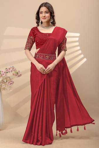 Red chinon silk saree with embrodery work blouse and waist belt