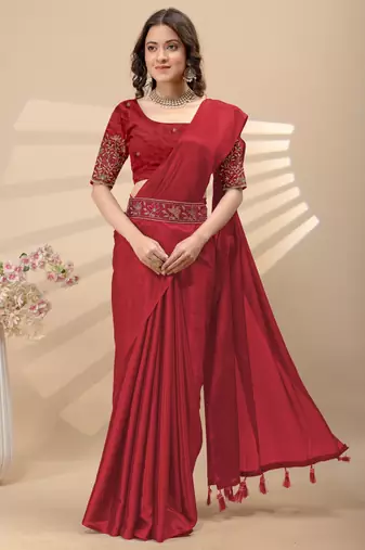 Red chinon silk saree with embrodery work blouse and waist belt