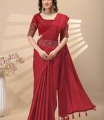 Red chinon silk saree with embrodery work blouse and waist belt