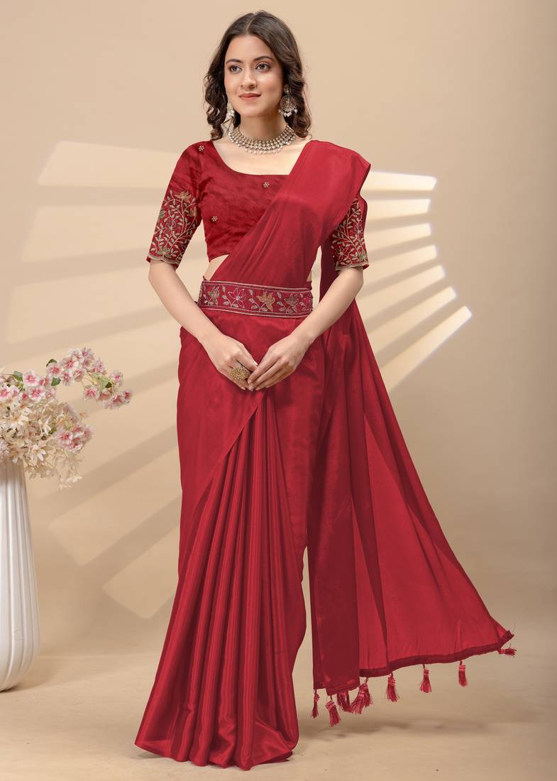 Red chinon silk saree with embrodery work blouse and waist belt