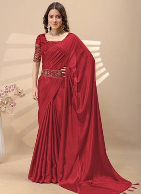 Red chinon silk saree with embrodery work blouse and waist belt 2
