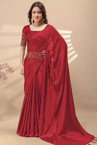 Red chinon silk saree with embrodery work blouse and waist belt