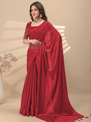 Red chinon silk saree with embrodery work blouse and waist belt 3