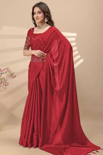 Red chinon silk saree with embrodery work blouse and waist belt