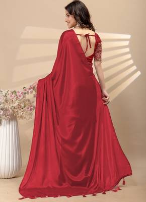 Red chinon silk saree with embrodery work blouse and waist belt 4