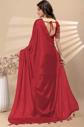 Red chinon silk saree with embrodery work blouse and waist belt