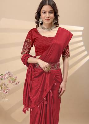Red chinon silk saree with embrodery work blouse and waist belt 5