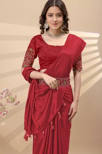Red chinon silk saree with embrodery work blouse and waist belt