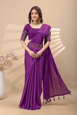 Wine chinon silk saree with embrodery work blouse and waist belt 1