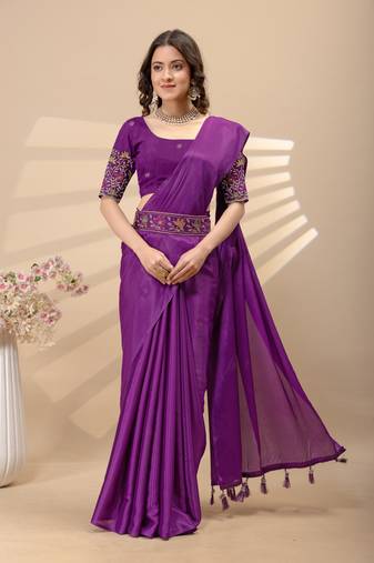 Wine chinon silk saree with embrodery work blouse and waist belt