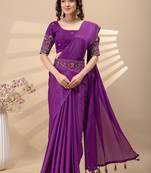Wine chinon silk saree with embrodery work blouse and waist belt