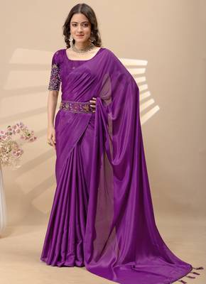 Wine chinon silk saree with embrodery work blouse and waist belt 2