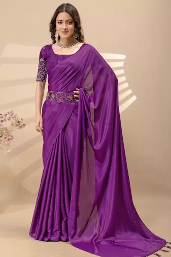 Wine chinon silk saree with embrodery work blouse and waist belt