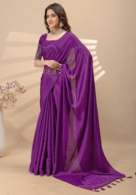 Wine chinon silk saree with embrodery work blouse and waist belt 3