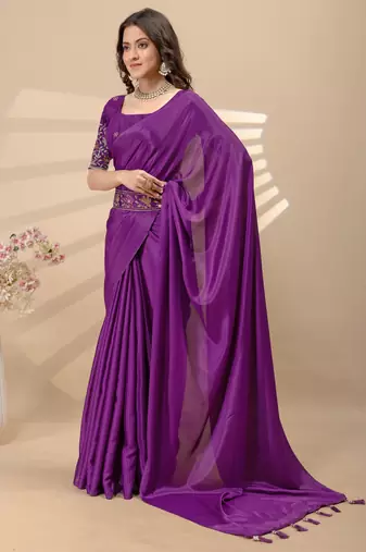 Wine chinon silk saree with embrodery work blouse and waist belt