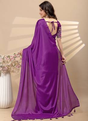 Wine chinon silk saree with embrodery work blouse and waist belt 4