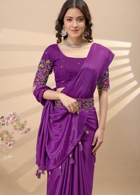 Wine chinon silk saree with embrodery work blouse and waist belt 5