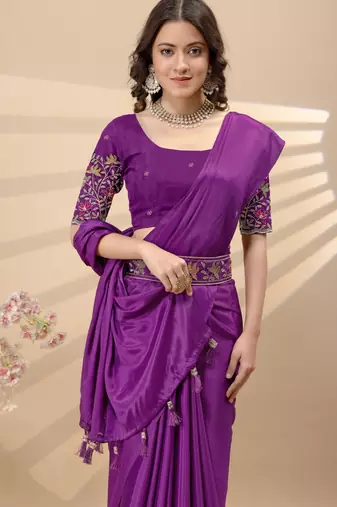 Wine chinon silk saree with embrodery work blouse and waist belt