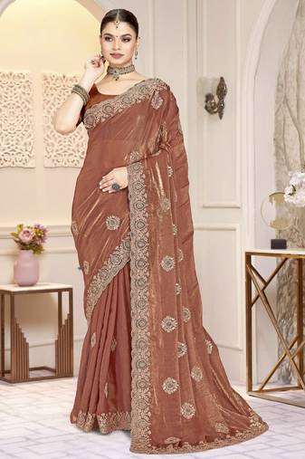 Brown color heavy coding zarkan embroidered work satin silk saree sari