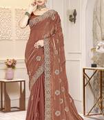 Brown color heavy coding zarkan embroidered work satin silk saree sari
