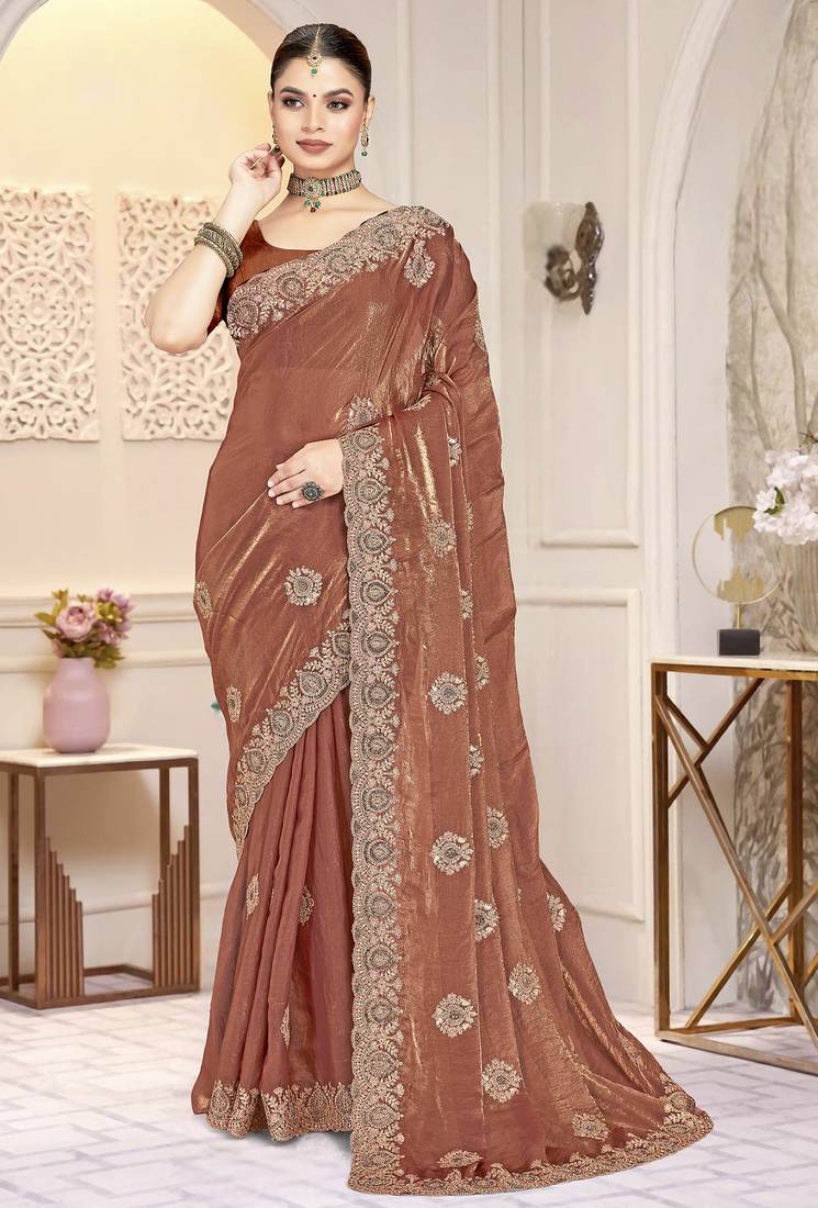 Brown color heavy coding zarkan embroidered work satin silk saree sari