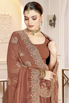 Brown color heavy coding zarkan embroidered work satin silk saree sari 2