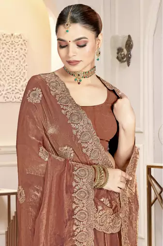 Brown color heavy coding zarkan embroidered work satin silk saree sari
