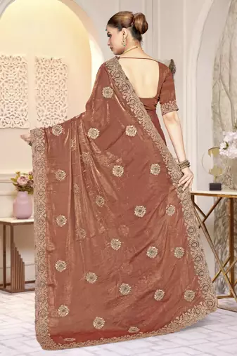 Brown color heavy coding zarkan embroidered work satin silk saree sari