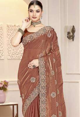 Brown color heavy coding zarkan embroidered work satin silk saree sari 4