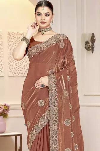 Brown color heavy coding zarkan embroidered work satin silk saree sari