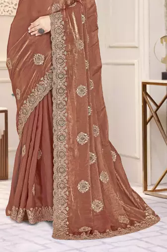 Brown color heavy coding zarkan embroidered work satin silk saree sari