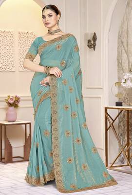Sky blue color heavy coding zarkan embroidered work satin silk saree sari 1