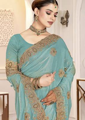Sky blue color heavy coding zarkan embroidered work satin silk saree sari 2