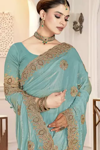 Sky blue color heavy coding zarkan embroidered work satin silk saree sari