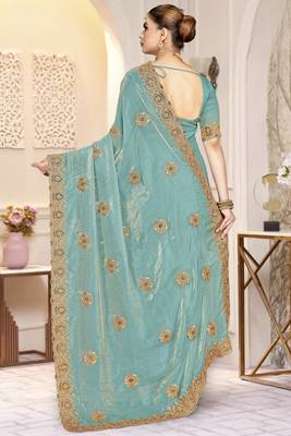 Sky blue color heavy coding zarkan embroidered work satin silk saree sari 3
