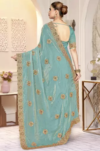 Sky blue color heavy coding zarkan embroidered work satin silk saree sari