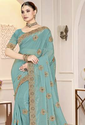 Sky blue color heavy coding zarkan embroidered work satin silk saree sari 4