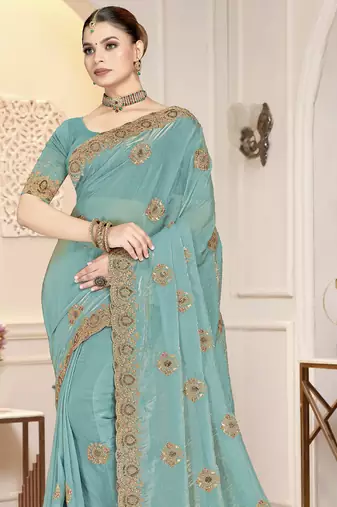 Sky blue color heavy coding zarkan embroidered work satin silk saree sari