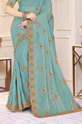 Sky blue color heavy coding zarkan embroidered work satin silk saree sari 5