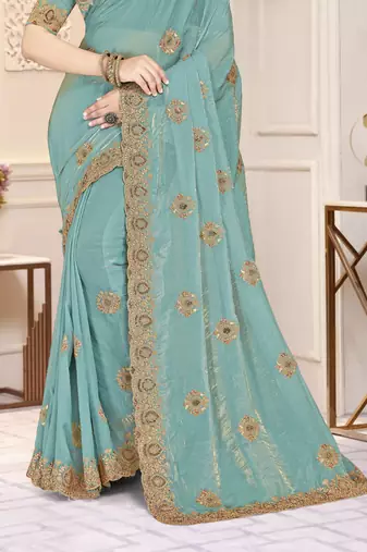 Sky blue color heavy coding zarkan embroidered work satin silk saree sari