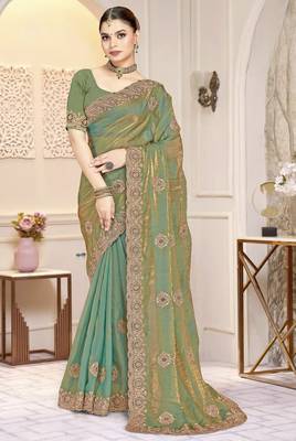 Green color heavy coding zarkan embroidered work satin silk saree sari 1
