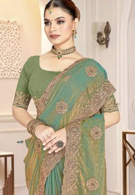 Green color heavy coding zarkan embroidered work satin silk saree sari 2