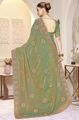 Green color heavy coding zarkan embroidered work satin silk saree sari