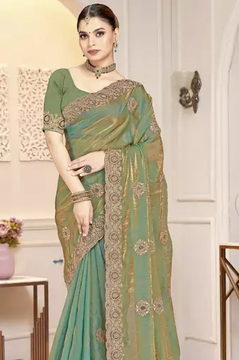 Green color heavy coding zarkan embroidered work satin silk saree sari