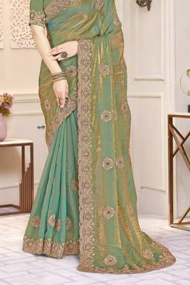 Green color heavy coding zarkan embroidered work satin silk saree sari 5